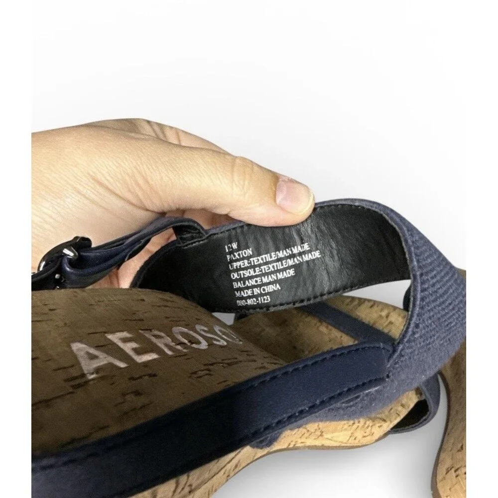Aerosoles Paxton Women’s Size 12 Wedge Heel Sandals Navy Strappy Cork Sole